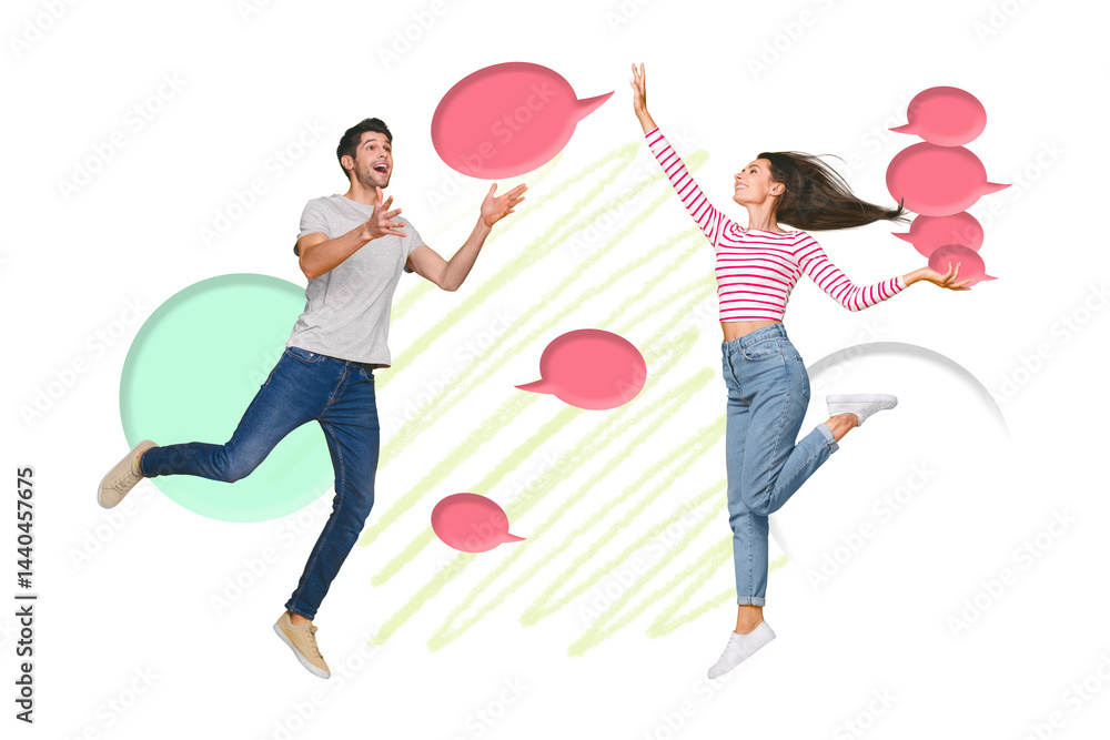 Poster photo collage artwork minimal picture of funny lady guy sending messages empty space isolated graphi