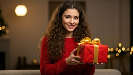 A smiling woman holds a wrapped Christmas gift.