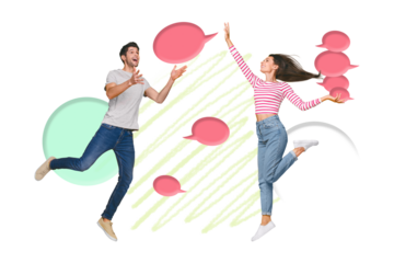 Photo collage artwork minimal picture of funny lady guy sending messages empty space isolated graphical background