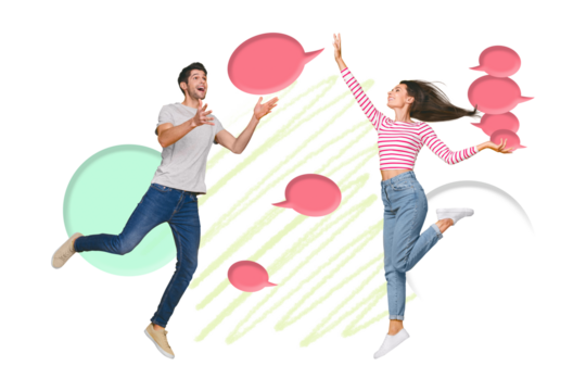 Photo collage artwork minimal picture of funny lady guy sending messages empty space isolated graphical background