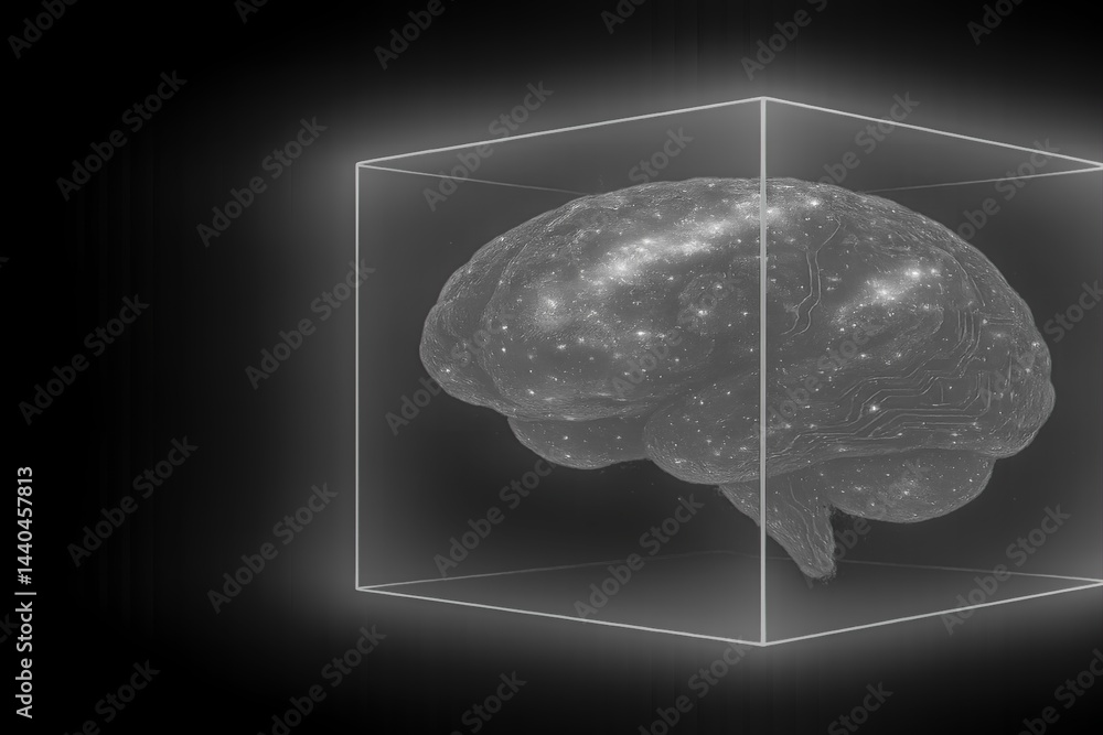 Aufkleber creative illustration featuring futuristic digital brain within a transparent cubic frame, innovativ