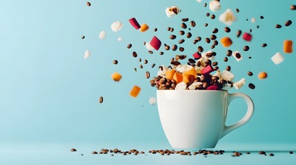 Vibrant Breakfast Explosion with Flying Food Ingredients in Coffee Cup