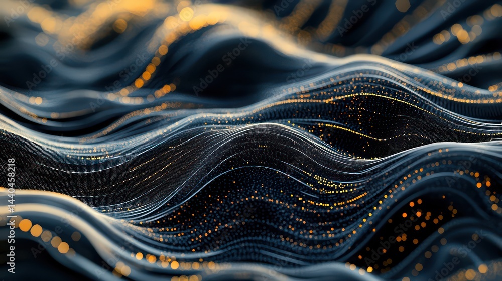Poster golden streams of data flowing across a dark terrain