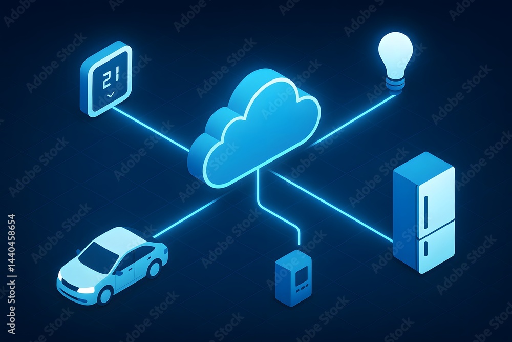 Poster digital illustration of cloud network connecting smart devices, innovative futuristic technology con
