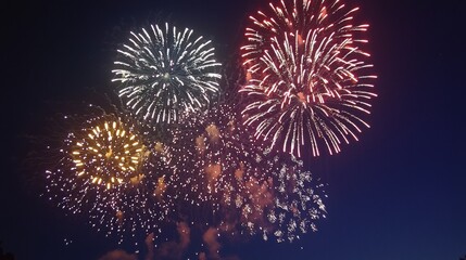 Colorful fireworks display lighting up night sky with vibrant explosions in various shapes and sizes, celebrating a festive event or holiday night scene