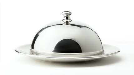 Obraz premium Polished chrome serving cloche raised over a white plate on white background.
