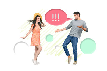 Banner poster collage of young guy meet attractive tourist lady enjoy her appearance with boutique outfit summer bargains