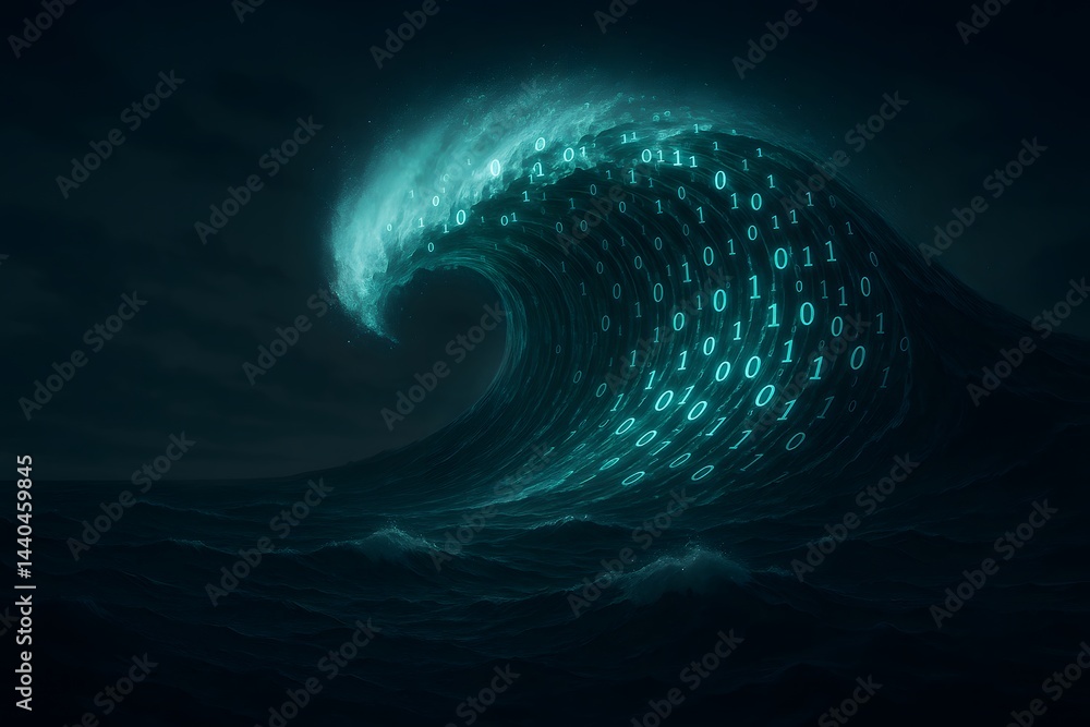 Poster futuristic digital illustration of an ocean wave formed by binary data, innovative technology concep
