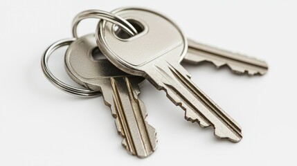 Polished silver keys with circular metal tag on white background.