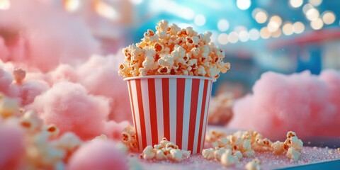 Enjoying a delightful treat of popcorn amidst vibrant cotton candy at a lively fairground setting