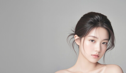 Fototapeta premium 동안 미모 여성의 피부 관리 및 화장품 포트레이트 Portrait of a Woman with Youthful Beauty Focused on Skincare and Cosmetics