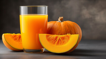 Freshly squeezed pumpkin juice on isolated studio background with copy space