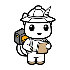 ticker design of  chibi unicorn wearing a tiny explorer hat, holding a map