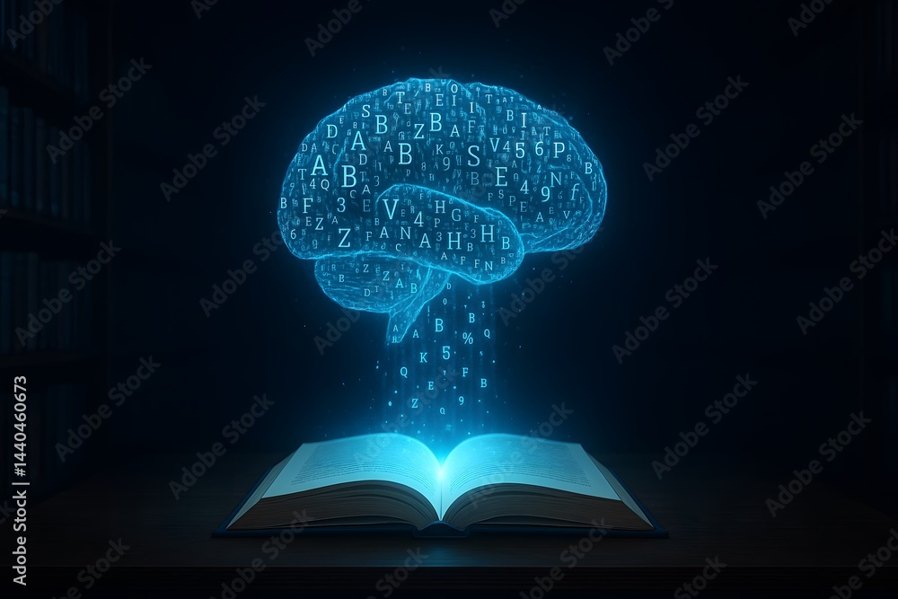 Poster digital brain with symbols of knowledge floating from an open book, innovative futuristic illustrati
