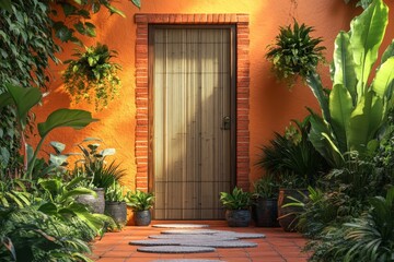 Fototapeta premium Tropical garden entrance with orange wall and wooden door.
