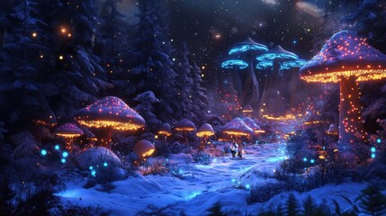 Enchanting winter wonderland path illuminated by glowing mushrooms.