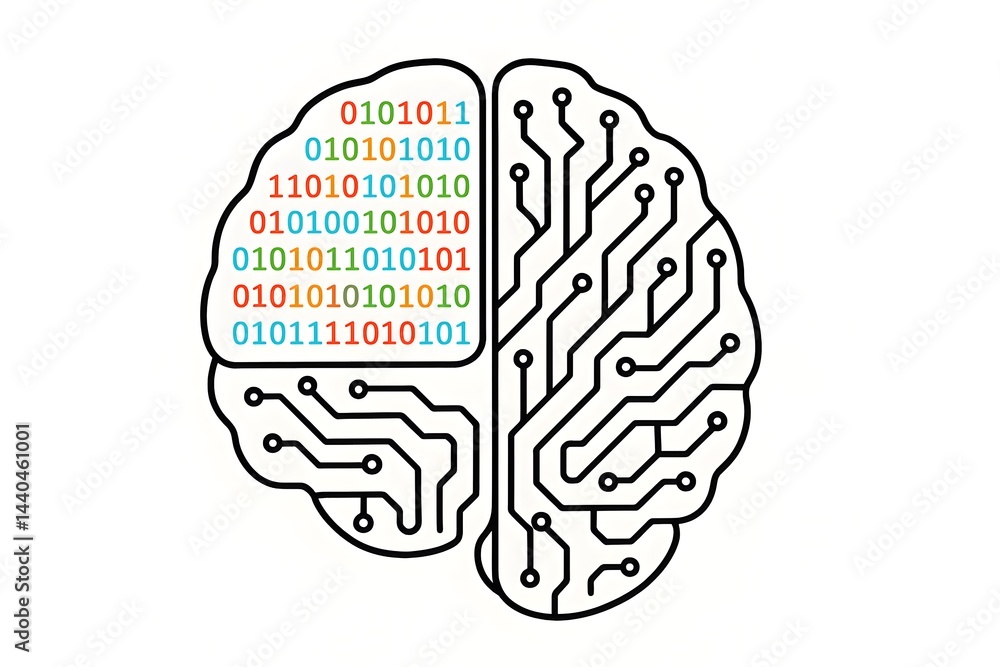 Poster innovative concept graphic illustrating human brain split into electronic circuits and colorful digi