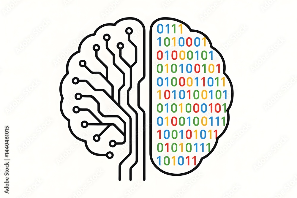 Aufkleber futuristic digital brain graphic showing half circuitry, half vibrant binary code, innovative concep