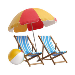 Beach chairs and umbrella and ball isolated on white or transparent background, for summer beach holiday