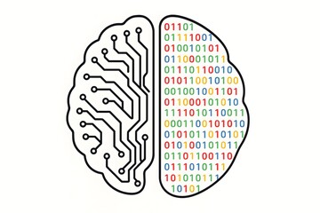 Creative illustration of brain divided into digital circuits and colorful binary data, futuristic artificial intelligence and technology innovation concept visualization.