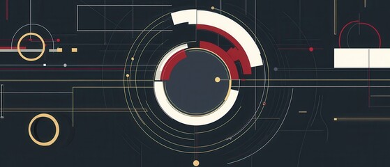 Obraz premium Abstract Technology Background with Geometric Shapes, Circles, and Lines in Dark Blue, Red, and Gold for Data Visualization and Futuristic Design