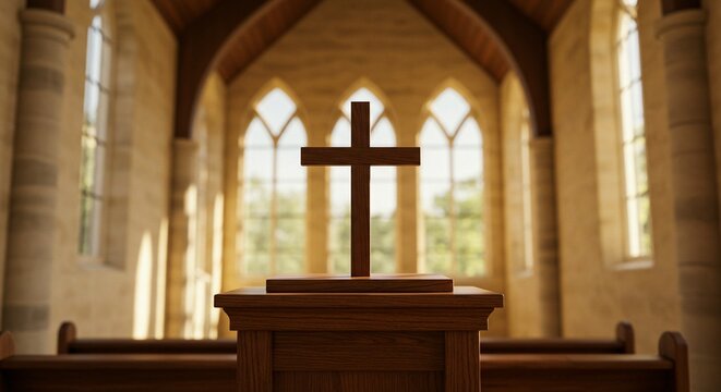 Wooden cross standing on a wooden pulpit inside a place of religious gathering.