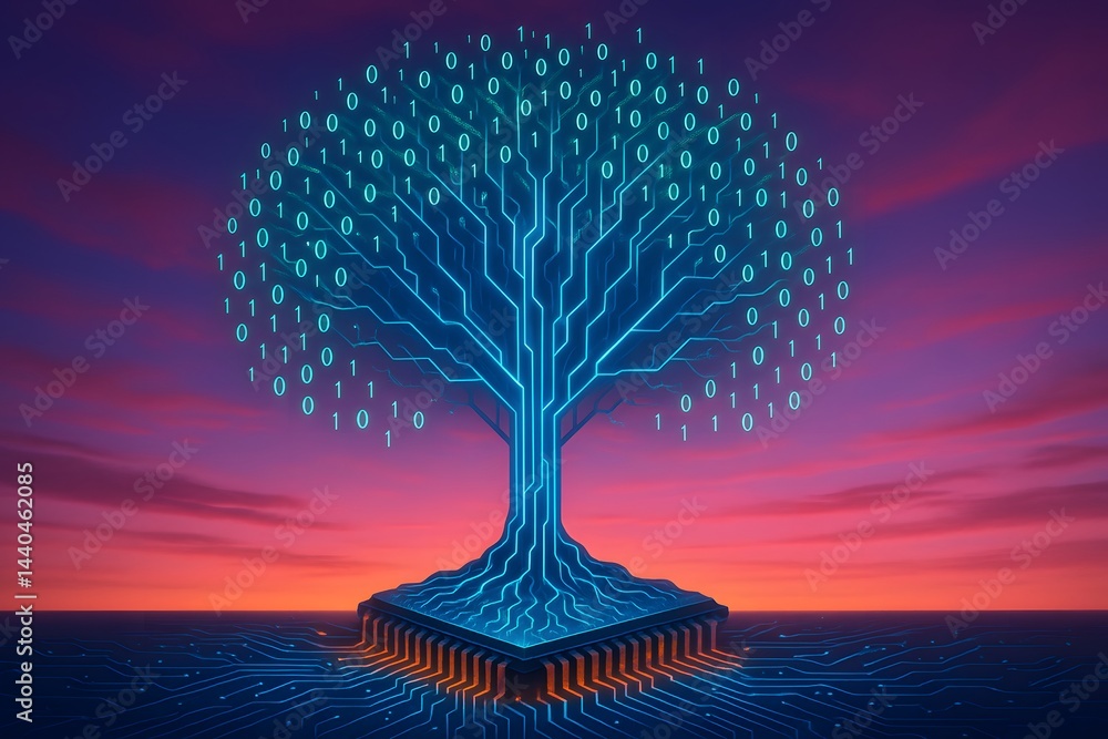 Poster abstract futuristic illustration, binary data tree rising from integrated circuit, innovative concep