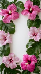 Vibrant pink hibiscus flowers with lush green leaves arranged in a floral border on a white background for tropical garden design or botanical theme decor