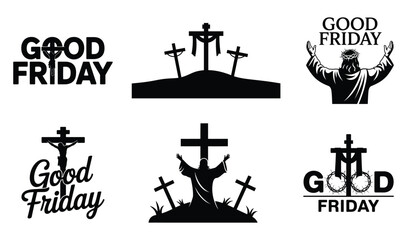 Good Friday Silhouette Set, Christian Cross and Jesus Illustrations for Easter and Religious Designs