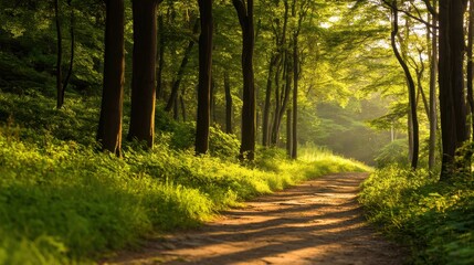 Fototapeta premium Serene forest path illuminated by sunlight, surrounded by lush greenery and vibrant trees