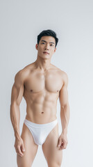 Fototapeta premium Attractive Male Model Wearing Elegant White Swim Briefs by the Water