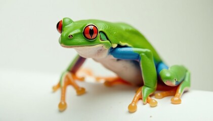 Green tree frog perched on white, vibrant colors, macro, frog photography