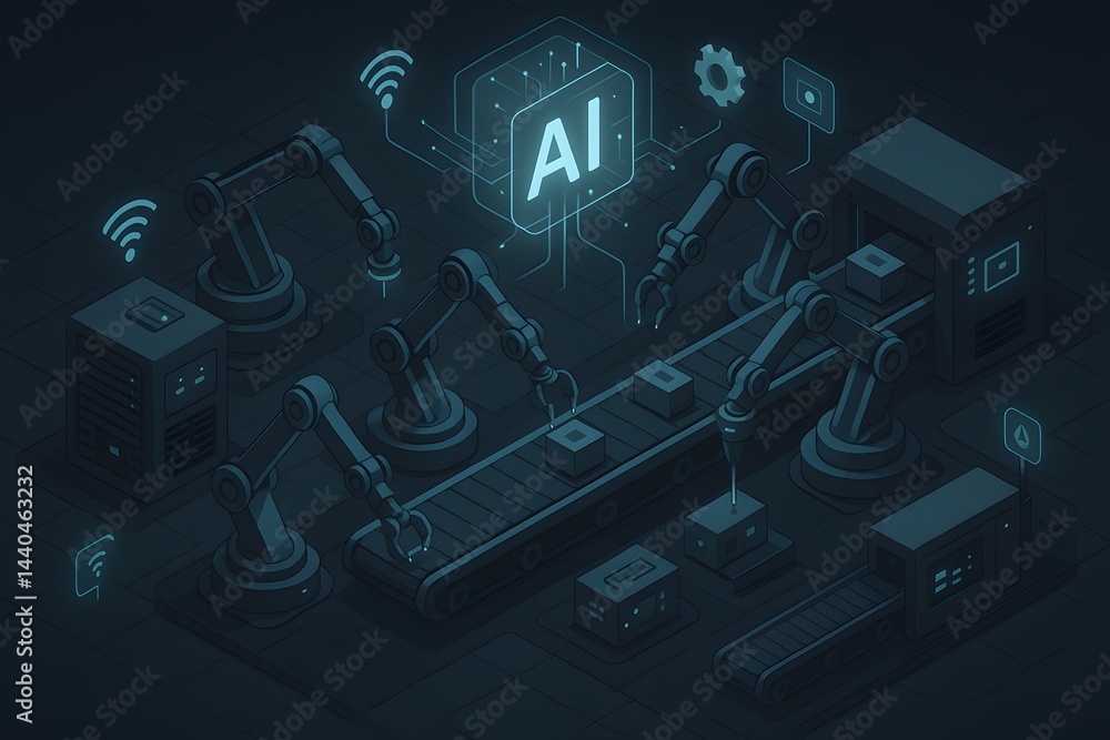 Poster ai-powered robotic factory illustration featuring automated assembly line, futuristic innovation con