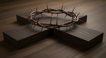Symbolic Imagery: Thorny Crown on a Wooden Cross, Evoking Themes of Sacrifice