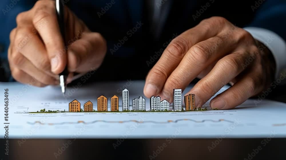 Poster hands of a professional architect sketching a city skyline with colorful buildings on a blueprint fo