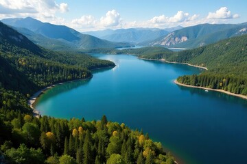 Distinctive shoreline, irregular lake shape etched in landscape, earth, landscape, land