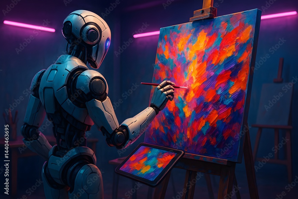 Aufkleber humanoid robot creating abstract painting in futuristic studio, digital technology and artificial in