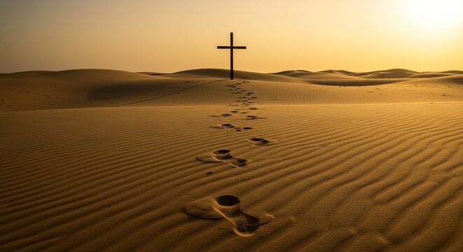 Cross in desert with footprints symbolizing faith and journey in spiritual life.