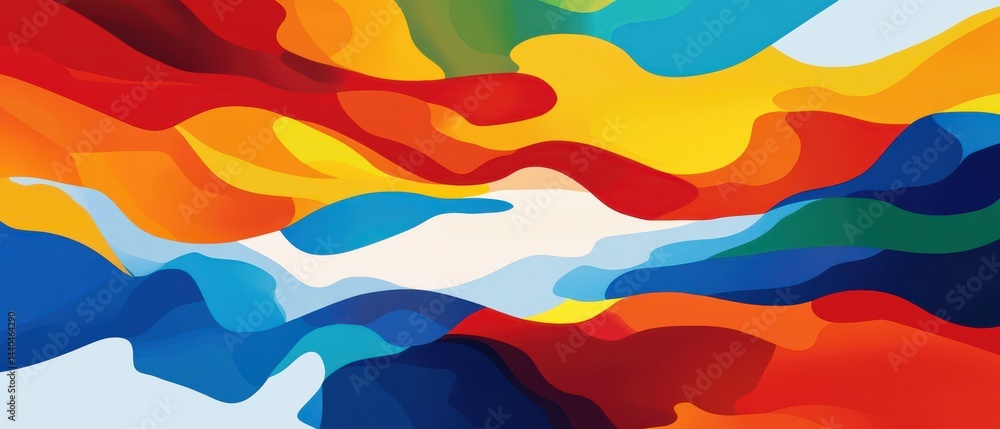 Poster vibrant abstract background with fluid shapes in red, yellow, blue, and orange, creating a dynamic a