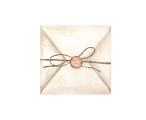Beige square envelope tied with jute and sealed with brown round wax watercolor illustration isolated background. Vintage close letter ready for sending with rope bow and stamp template © Masha_tolk_art