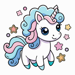 Sticker design of  chibi unicorn with a doodle-style mane