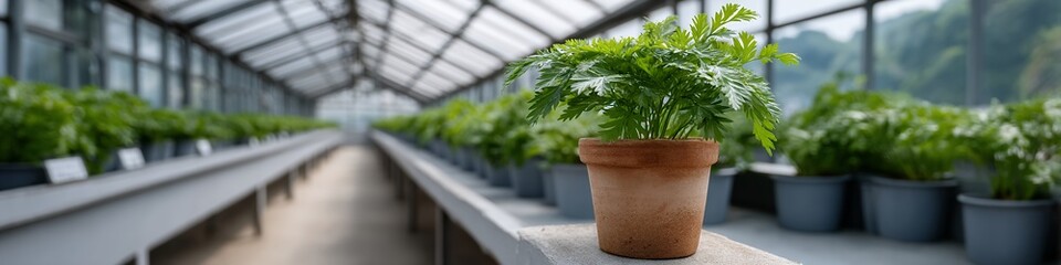 Fototapeta premium A potted plant sits on a ledge inside a greenhouse filled with other plants in pots, with natural light streaming through glass panels.