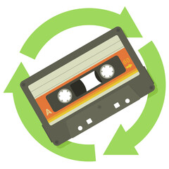 Audio cassette with a green circular symbol of three recycling arrows in a flat design style (cut out)