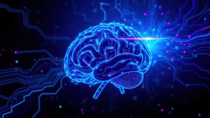 Fototapeta premium Illuminated blue brain with circuit board patterns and glowing light streaks on a dark background