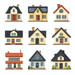 Collection of colorful and diverse house designs featuring various architectural styles in a grid layout
