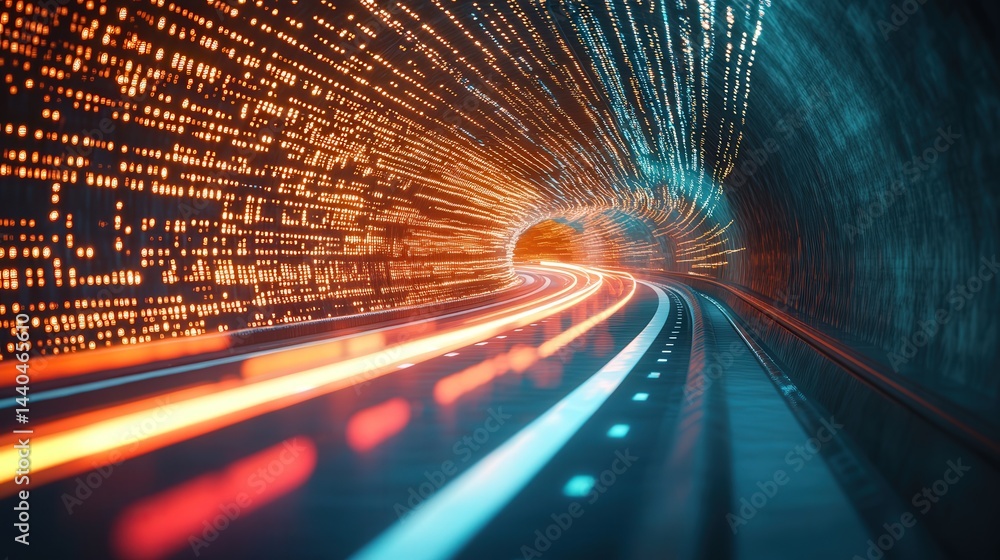 Aufkleber cybernetic tunnel lined with glowing circuits and endless streams of binary code, representing the seamless flow of high-speed data transmission