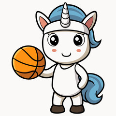Sticker design of  chibi unicorn wearing a headband and holding a basketball