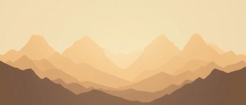 Minimalist mountain range landscape in warm earth tones, creating a serene and peaceful desert vista with layered hills and a hazy sky