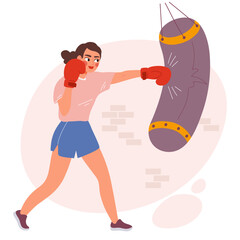 Boxing woman exercises with punching bag. Powerful female boxer in gym workout session. Flat vector illustration