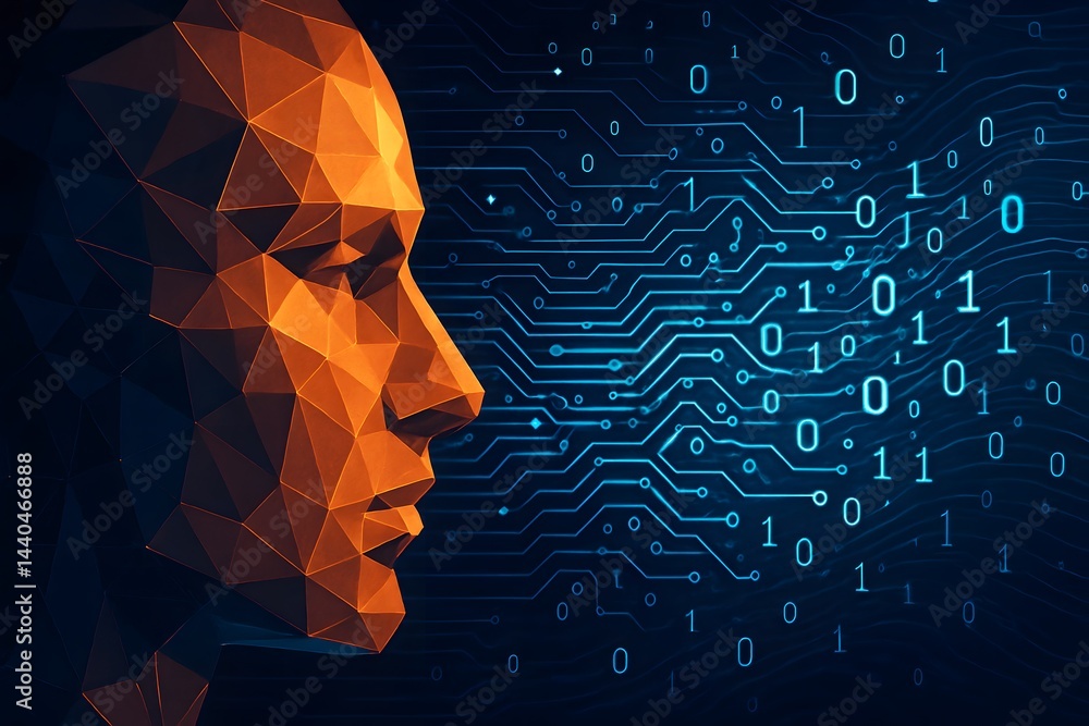 Poster innovative futuristic illustration, human polygonal profile connected to digital binary circuits, ar